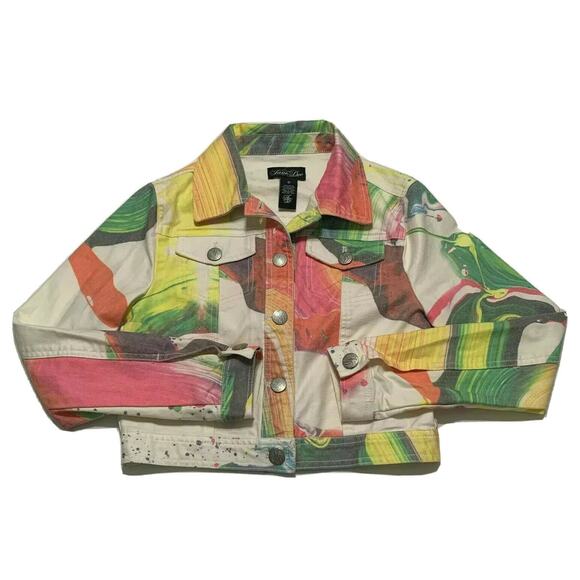 Jane Doe Cropped Denim Jean Jacket Small Womens Multicolor Abstract Button Front - Picture 1 of 9